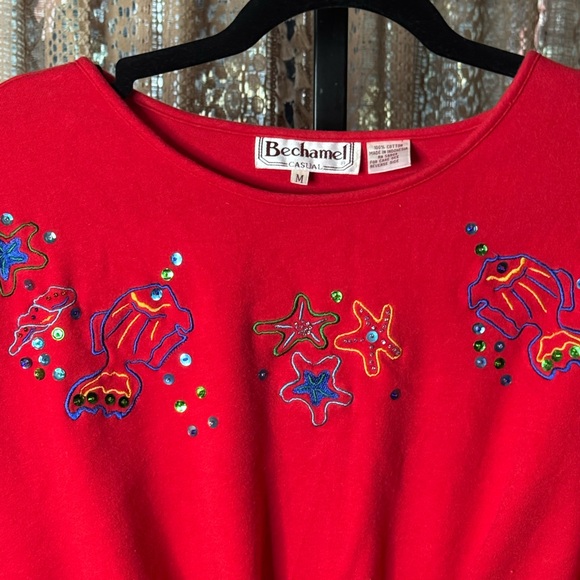 VTG Bechamel Red Embroidered Tie Blouse - Picture 2 of 6